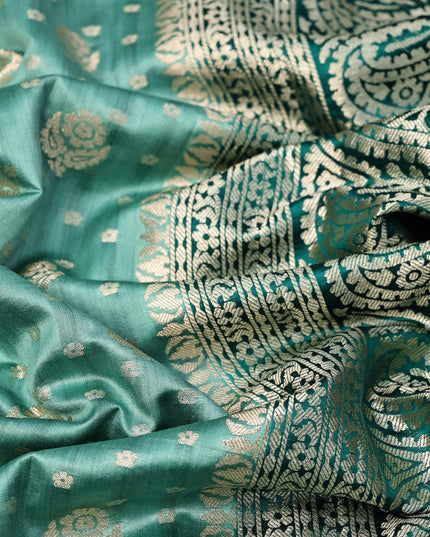 Chiniya silk saree pastel blue shade and peacock green with allover floral zari weaves and zari woven border