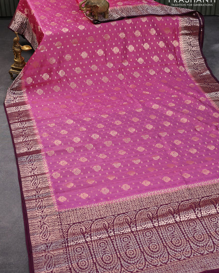 Chiniya silk saree pink and deep purple with allover floral zari weaves and zari woven border
