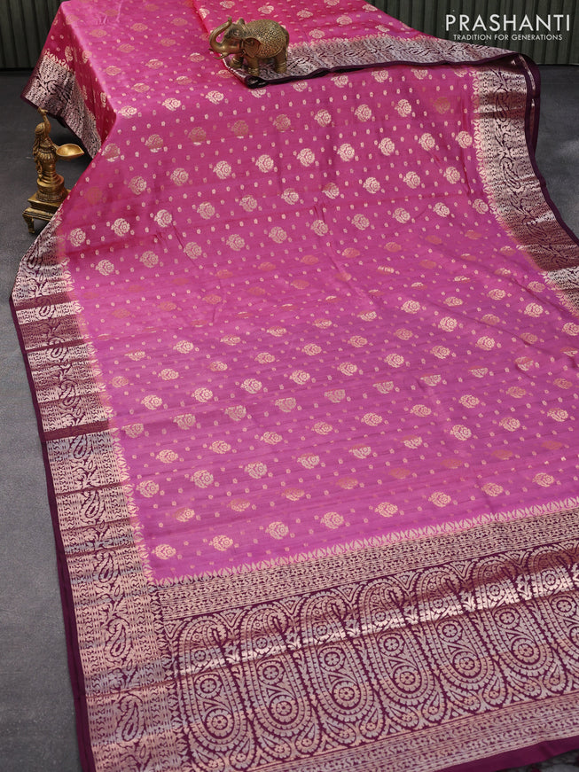 Chiniya silk saree pink and deep purple with allover floral zari weaves and zari woven border