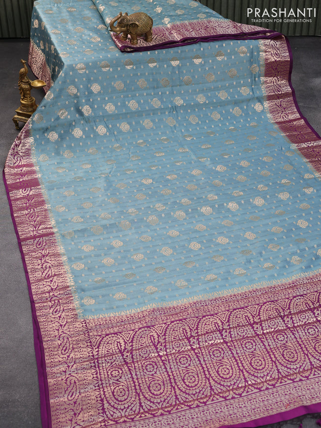 Chiniya silk saree bluish grey and purple with allover floral zari weaves and zari woven border