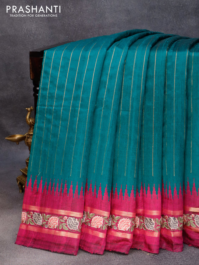 Pure dupion silk saree peacock green and magenta pink with allover zari weaves and temple woven floral design embroidery work border