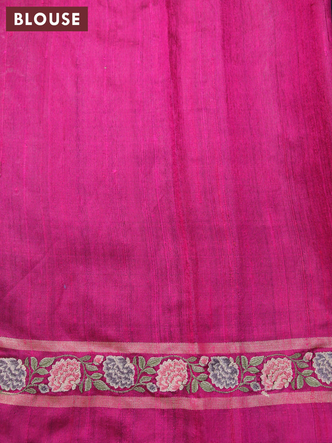 Pure dupion silk saree peacock green and magenta pink with allover zari weaves and temple woven floral design embroidery work border