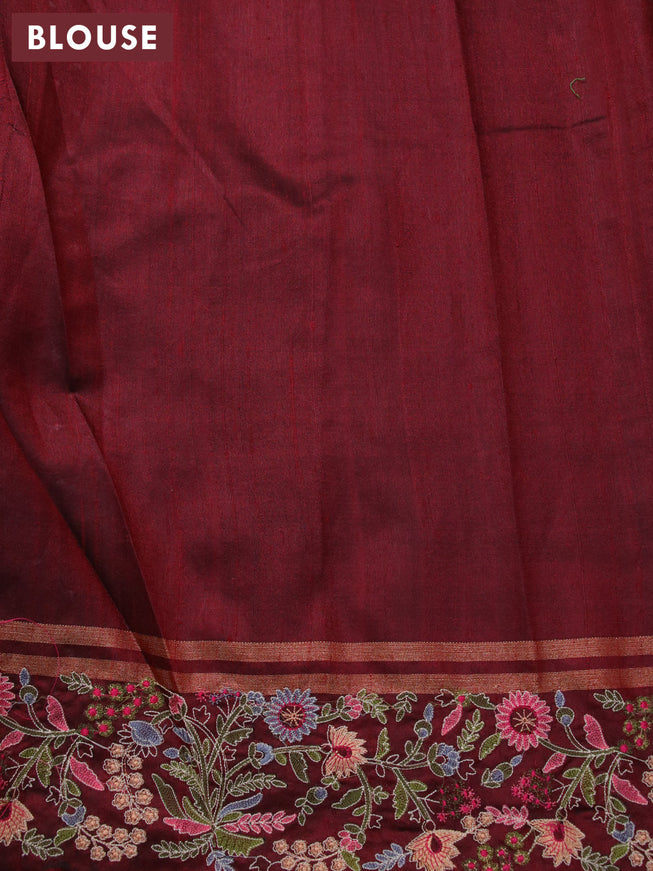 Pure dupion silk saree beige and maroon with allover zari weaves and temple woven floral design embroidery work border