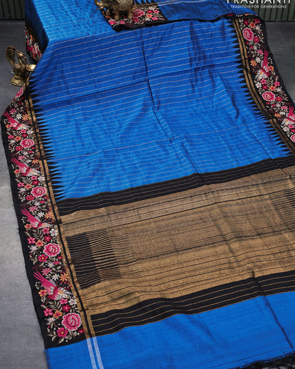Pure dupion silk saree cs blue and black with allover zari weaves and temple woven floral design embroidery work border