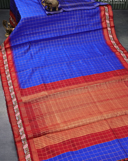 Pure dupion silk saree royal blue and maroon with allover zari checked pattern and floral design embroidery work border