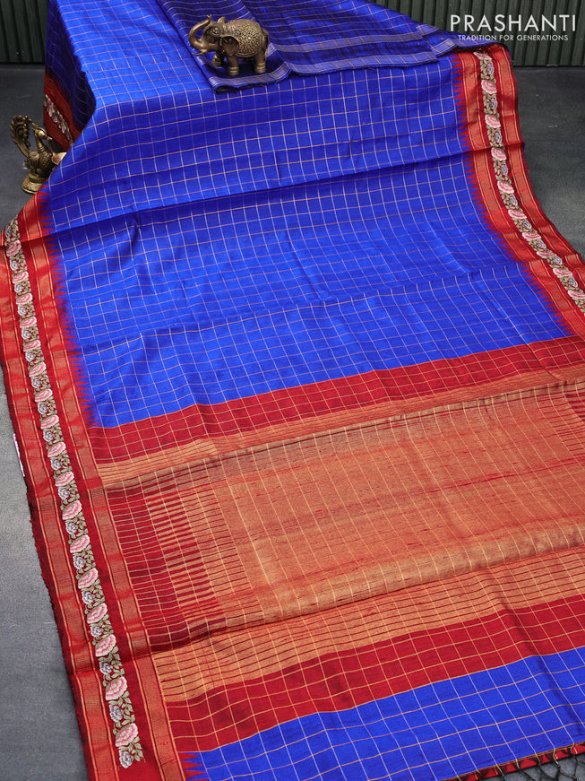 Pure dupion silk saree royal blue and maroon with allover zari checked pattern and floral design embroidery work border