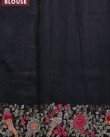 Pure dupion silk saree grey and black with allover zari weaves and floral design embroidery work border
