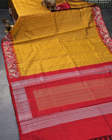 Pure dupion silk saree mustard yellow and maroon with allover zari weaves and floral design embroidery work border
