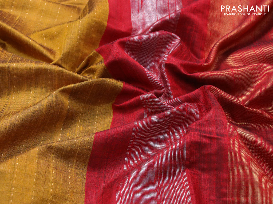 Pure dupion silk saree mustard yellow and maroon with allover zari weaves and floral design embroidery work border