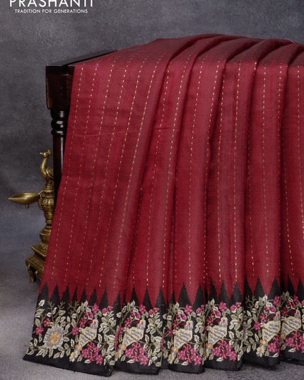 Pure dupion silk saree maroon and black with allover zari weaves and floral design embroidery work border