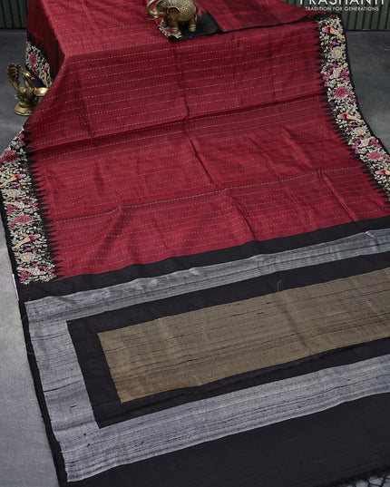 Pure dupion silk saree maroon and black with allover zari weaves and floral design embroidery work border