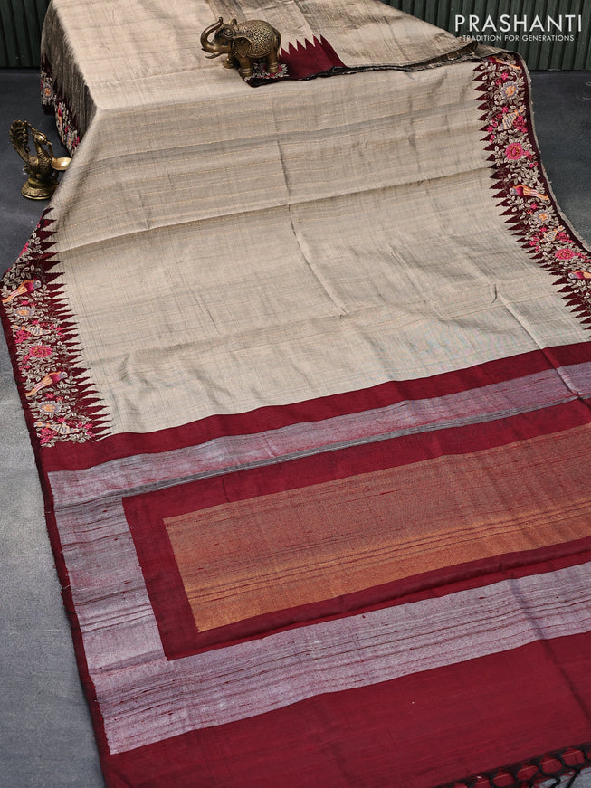 Pure dupion silk saree beige and maroon with allover zari weaves and floral design embroidery work border