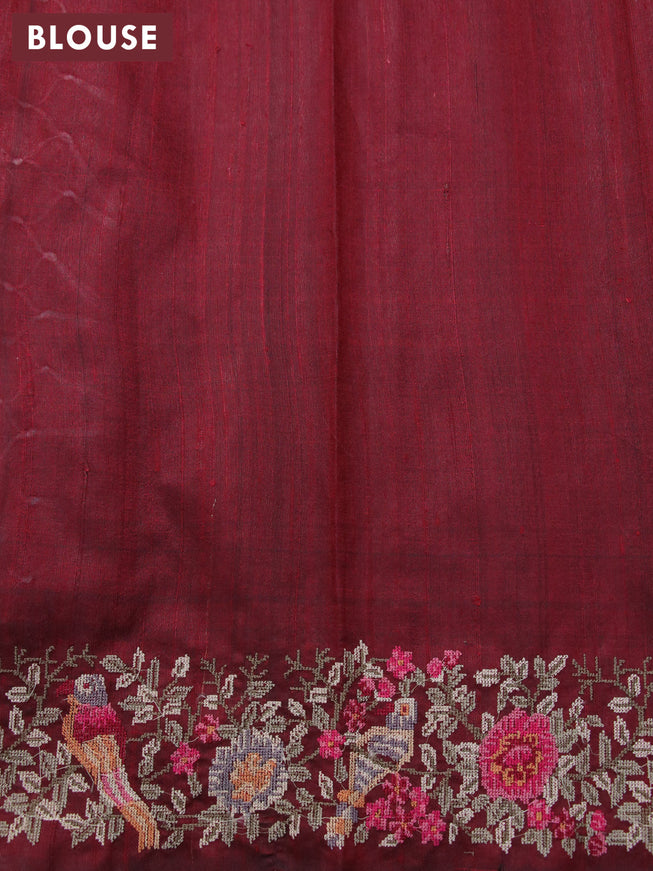 Pure dupion silk saree beige and maroon with allover zari weaves and floral design embroidery work border