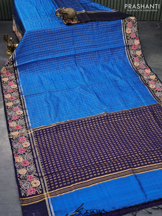 Pure dupion silk saree cs blue and navy blue with allover zari weaves and floral design embroidery work border
