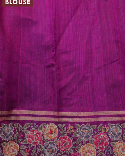 Pure dupion silk saree peacock green and purple with allover zari weaves and floral design embroidery work border
