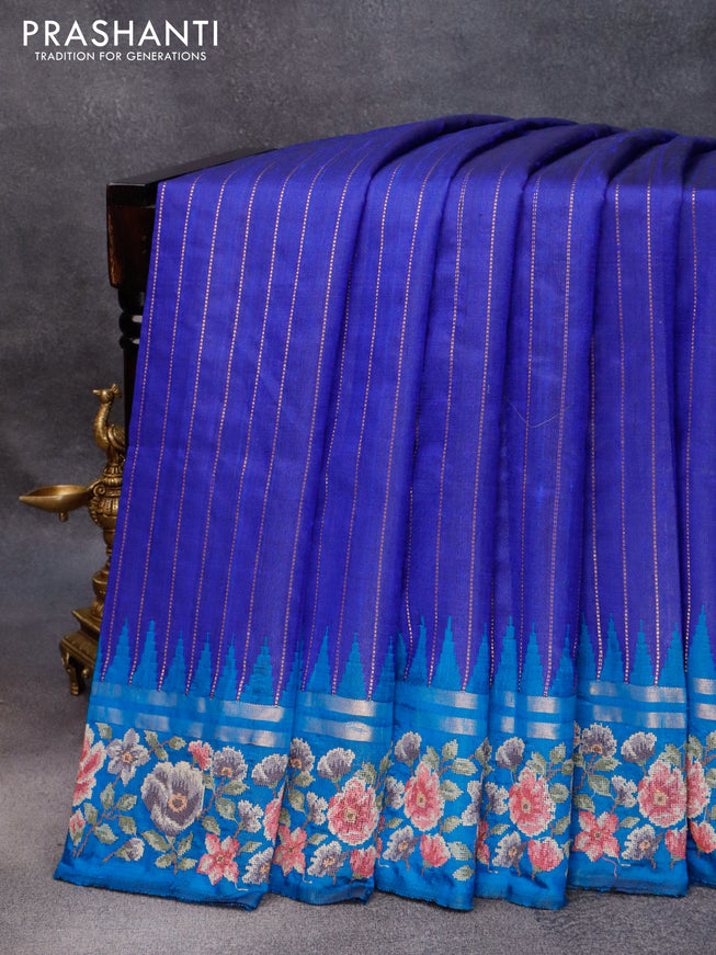 Pure dupion silk saree royal blue and cs blue with allover zari weaves and temple woven floral design embroidery work border
