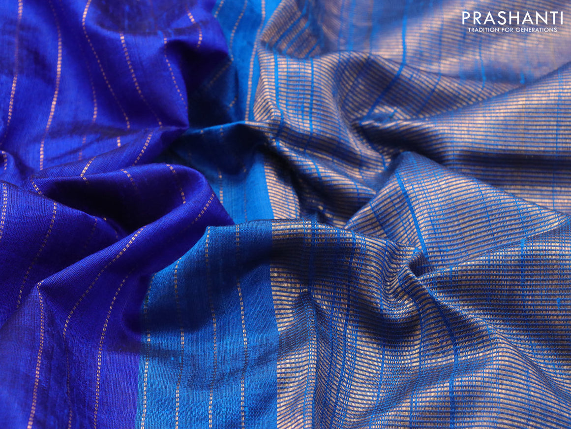 Pure dupion silk saree royal blue and cs blue with allover zari weaves and temple woven floral design embroidery work border