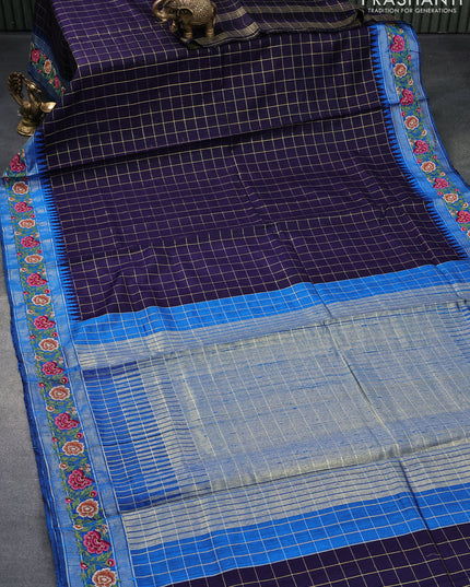 Pure dupion silk saree dark blue and cs blue with allover zari checked pattern and floral design embroidery work border