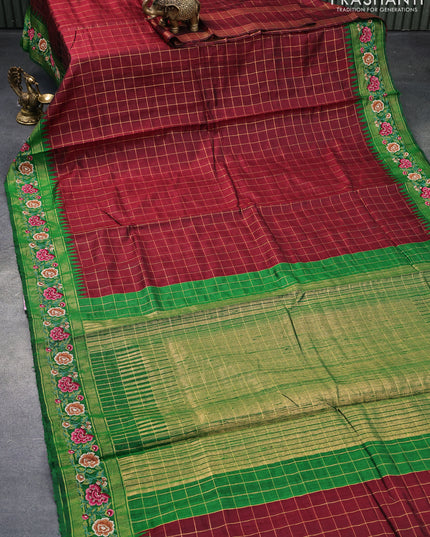 Pure dupion silk saree maroon and green with allover zari checked pattern and floral design embroidery work border