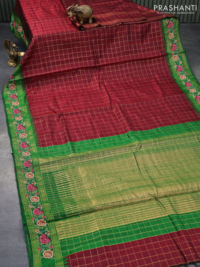 Pure dupion silk saree maroon and green with allover zari checked pattern and floral design embroidery work border