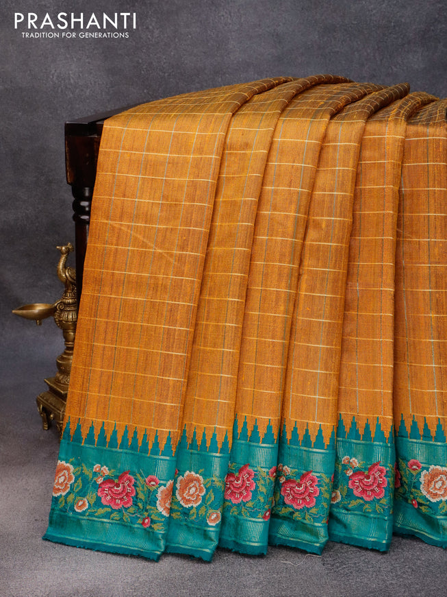 Pure dupion silk saree mustard yellow and preacock green with allover zari checked pattern and floral design embroidery work border