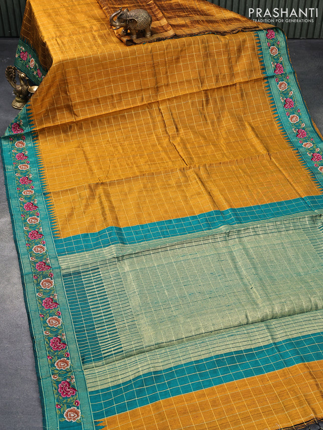 Pure dupion silk saree mustard yellow and preacock green with allover zari checked pattern and floral design embroidery work border