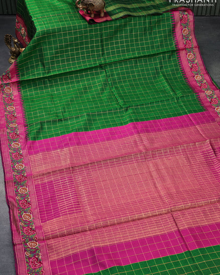 Pure dupion silk saree green and pink with allover zari checked pattern and floral design embroidery work border
