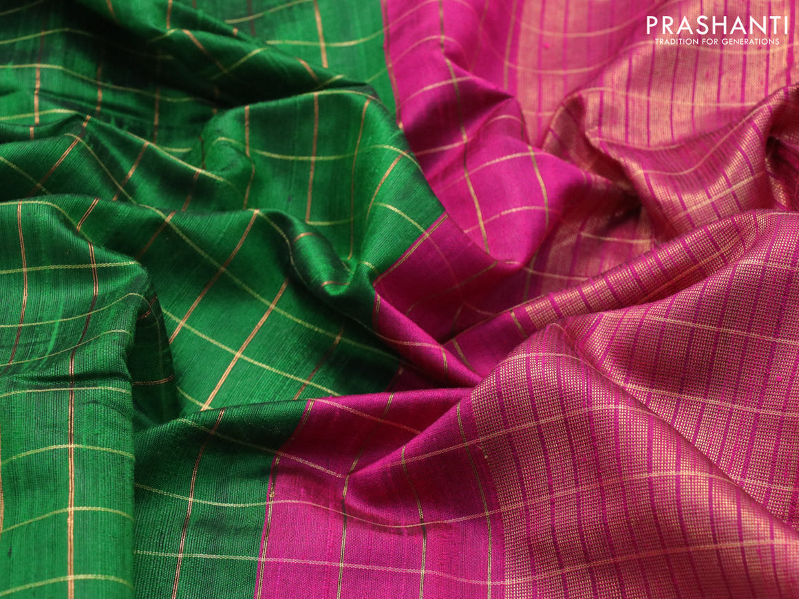 Pure dupion silk saree green and pink with allover zari checked pattern and floral design embroidery work border