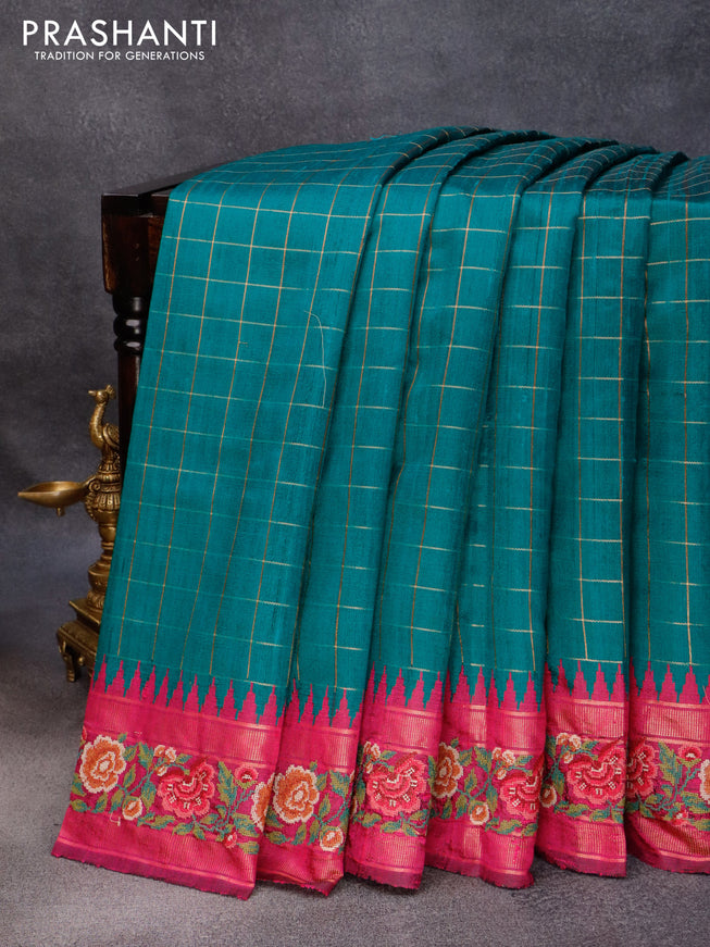Pure dupion silk saree peacock green and magenta pink with allover zari checked pattern and floral design embroidery work border