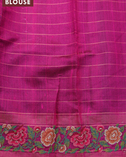 Pure dupion silk saree peacock green and magenta pink with allover zari checked pattern and floral design embroidery work border
