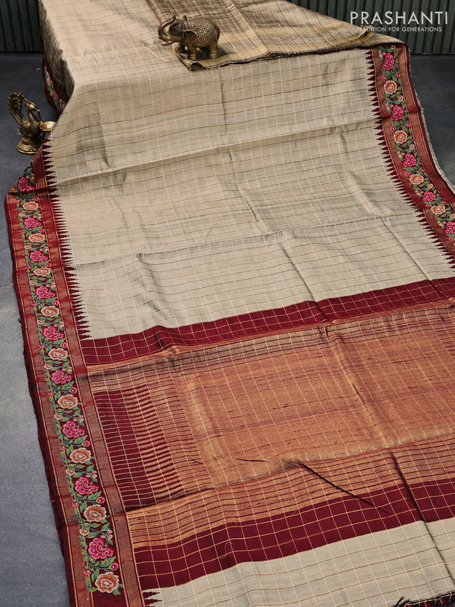 Pure dupion silk saree beige and maroon with allover zari checked pattern and floral design embroidery work border