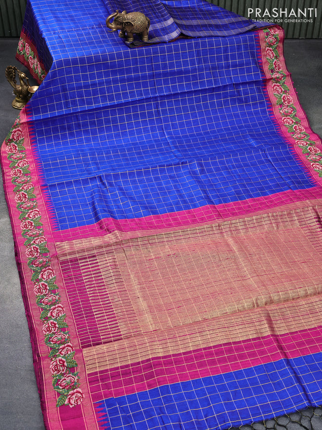 Pure dupion silk saree royal blue and pink with allover zari checked pattern and floral design embroidery work border