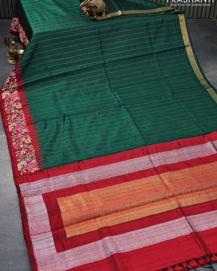 Pure dupion silk saree green shade and maroon with allover zari weaves and temple woven floral design embroidery work border
