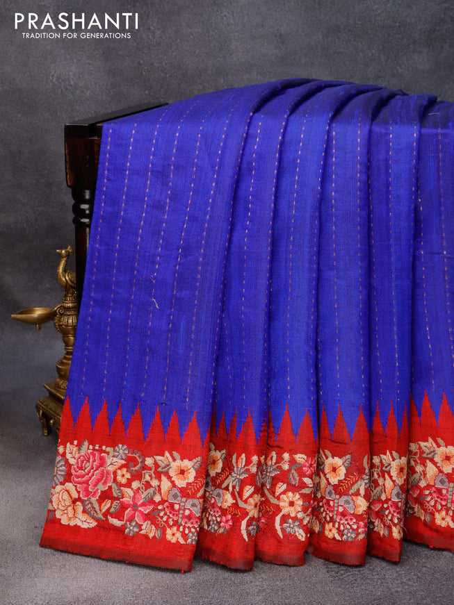 Pure dupion silk saree royal blue and maroon with allover zari weaves and temple woven floral design embroidery work border