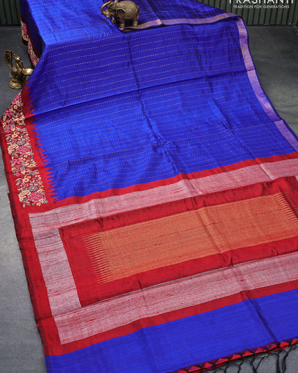 Pure dupion silk saree royal blue and maroon with allover zari weaves and temple woven floral design embroidery work border
