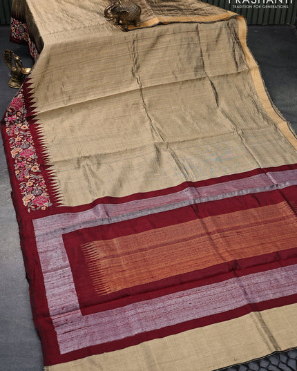 Pure dupion silk saree beige and deep maroon with allover zari weaves and temple woven floral design embroidery work border