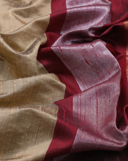 Pure dupion silk saree beige and deep maroon with allover zari weaves and temple woven floral design embroidery work border