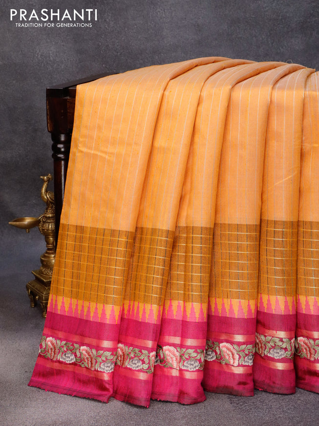 Pure dupion silk saree mustard yellow and magenta pink with allover zari weaves and temple woven floral design embroidery work border
