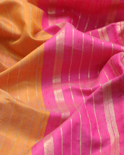 Pure dupion silk saree mustard yellow and magenta pink with allover zari weaves and temple woven floral design embroidery work border