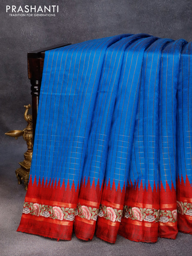 Pure dupion silk saree cs blue and maroon with allover zari checked pattern and temple woven floral design embroidery work border