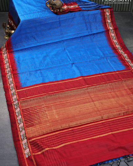 Pure dupion silk saree cs blue and maroon with allover zari checked pattern and temple woven floral design embroidery work border