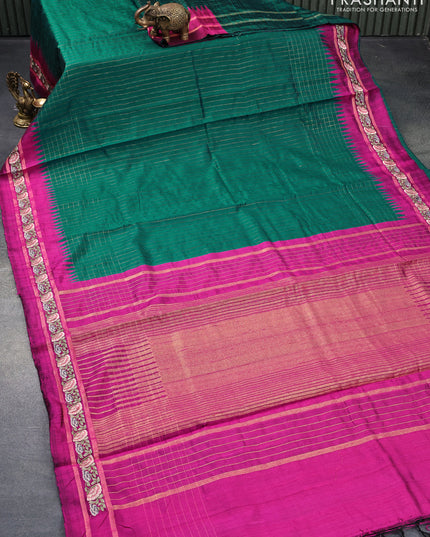 Pure dupion silk saree peacock green and magenta pink with allover zari checked pattern and temple woven floral design embroidery work border