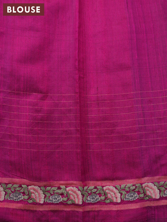 Pure dupion silk saree peacock green and magenta pink with allover zari checked pattern and temple woven floral design embroidery work border