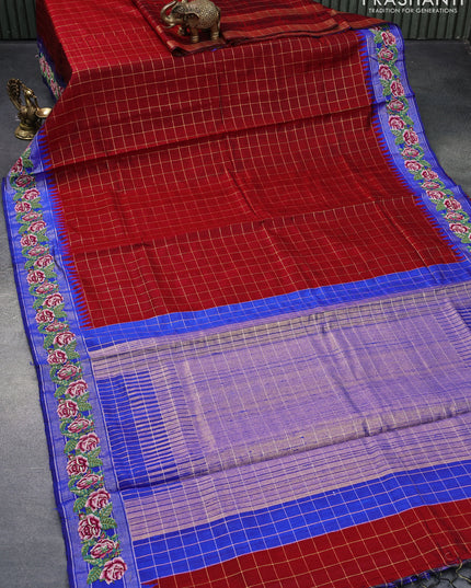 Pure dupion silk saree maroon and blue with allover zari checked pattern and temple woven floral design embroidery work border