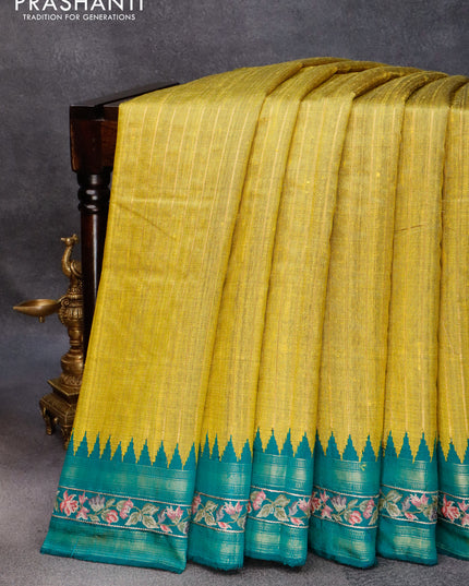 Pure dupion silk saree lime yellow and peacock green with allover zari weaves and temple woven floral design embroidery work border