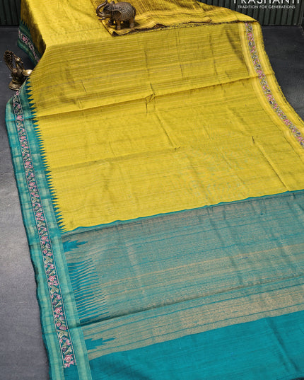 Pure dupion silk saree lime yellow and peacock green with allover zari weaves and temple woven floral design embroidery work border