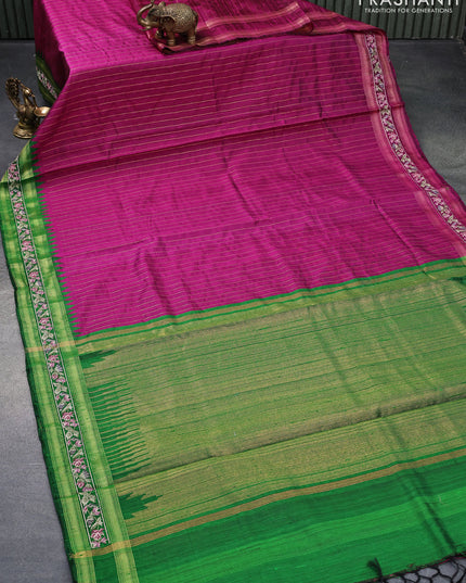 Pure dupion silk saree magenta pink and green with allover zari weaves and temple woven floral design embroidery work border
