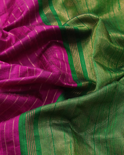 Pure dupion silk saree magenta pink and green with allover zari weaves and temple woven floral design embroidery work border