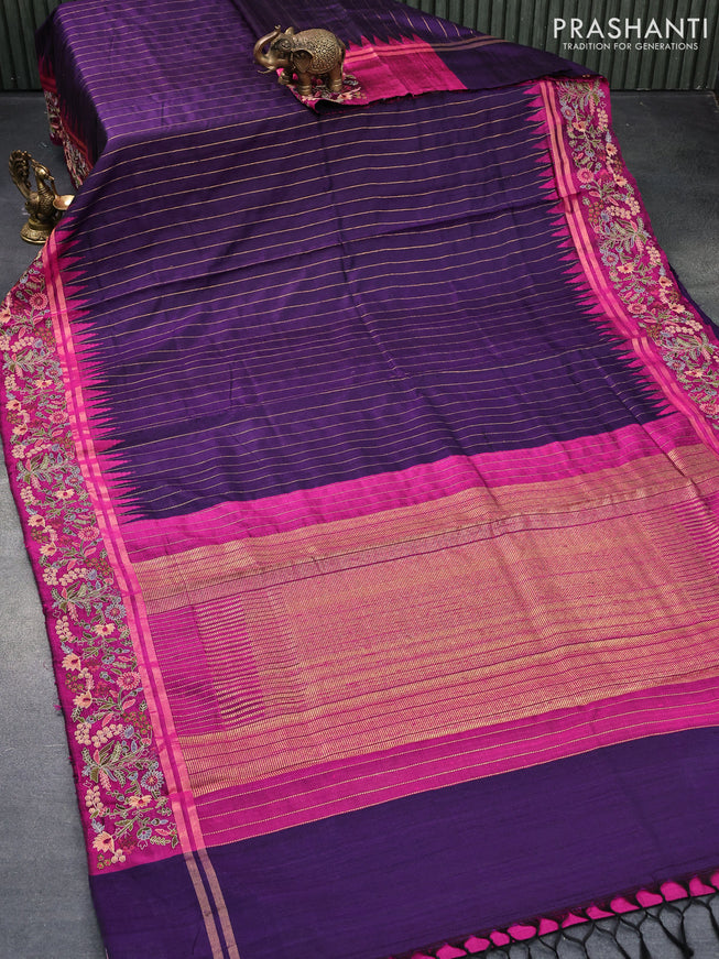 Pure dupion silk saree deep violet and magenta pink with allover zari weaves and temple woven floral design embroidery work border