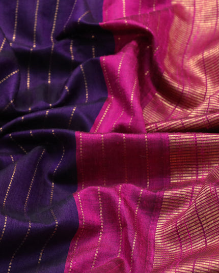 Pure dupion silk saree deep violet and magenta pink with allover zari weaves and temple woven floral design embroidery work border